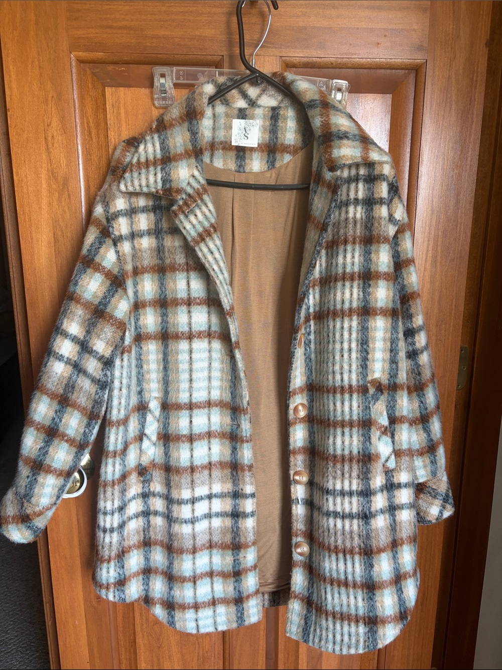 Altar'd State Plaid Pea Coat in Blue, Brown, and Cream